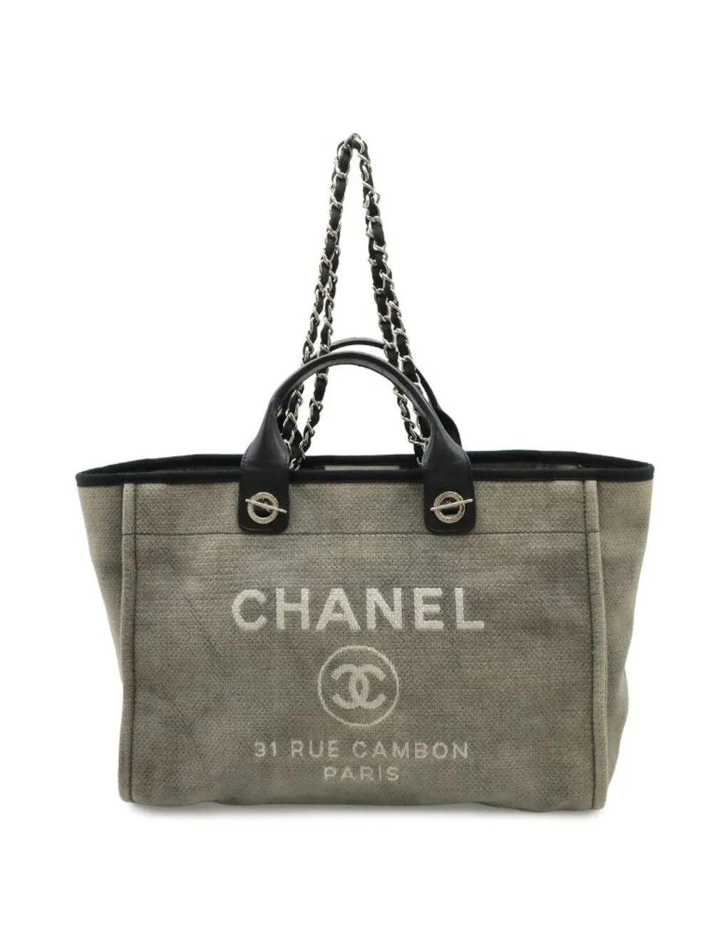 Chanel Deauville Tote GM Logo 2-Way Chain Shoulder Bag Canvas Leather Gray Black